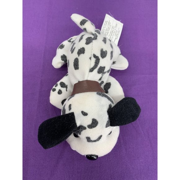 Small 6 Inch White Dog with Black Spots Brown Pleather Collar Plastic eyes Stain - Picture 7 of 9